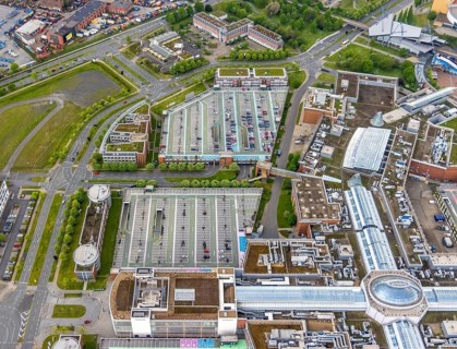 Aerial view, Centro Oberhausen, vertical shot, corona-related empty parking spaces, gasometer,