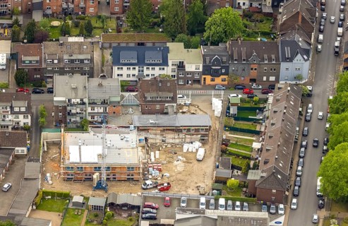 Aerial view, construction site and new building day care centre Karlstraße, Tackenberg West,