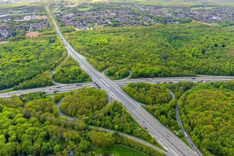 Aerial view, motorway junction Oberhausen, Sterkrader Wald, planned tangent, Alsfeld, Oberhausen,