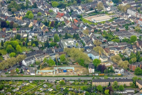Aerial view, construction site and new building at Danziger Straße 85, Schlad, Oberhausen, Ruhr