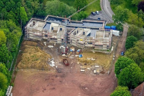 Aerial view, construction site and new building day care centre Drei Knappen on the former sports