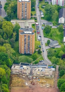 Aerial view, construction site and new building day care centre Drei Knappen on the former sports