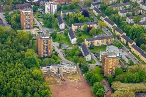 Aerial view, construction site and new building day care centre Drei Knappen on the former sports