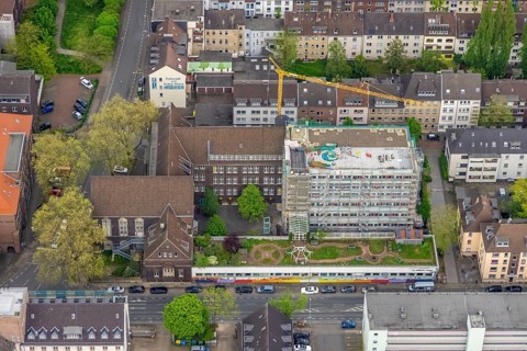 Aerial view, construction site Elsa-Brändström-Gymnasium, city centre, Oberhausen, Ruhr area, North