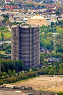 Aerial view, gasometer venue, Borbeck, Oberhausen, Ruhr area, North Rhine-Westphalia, Germany,