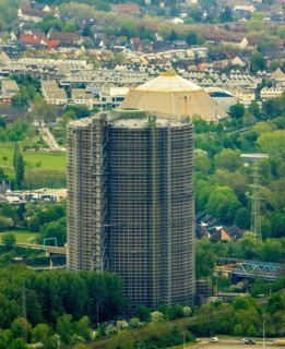 Aerial view, gasometer venue, Borbeck, Oberhausen, Ruhr area, North Rhine-Westphalia, Germany,