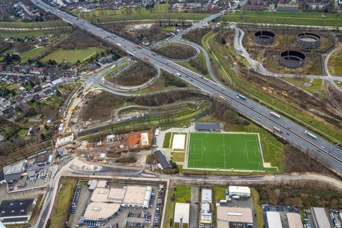 Aerial view, A3 motorway junction Oberhausen-Holten, construction site feeder road, Schwarze Heide,