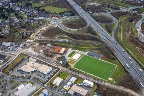Aerial view, A3 motorway junction Oberhausen-Holten, construction site feeder road, Schwarze Heide,