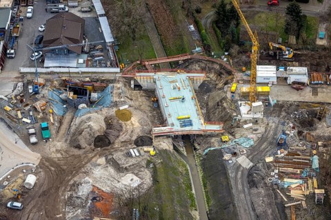 Aerial view, construction site bridge over the main canal at Erlenstraße, Schwarze Heide,