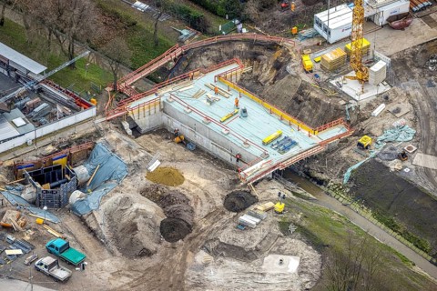 Aerial view, construction site bridge over the main canal at Erlenstraße, Schwarze Heide,