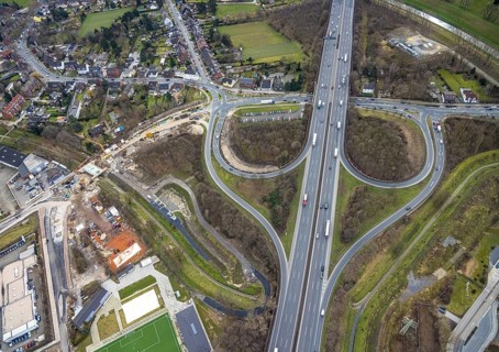 Aerial view, A3 motorway junction Oberhausen-Holten, construction site feeder road, Schwarze Heide,