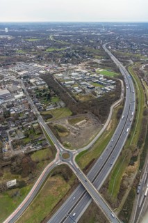 Aerial view, roundabout Weißensteinstraße at the motorway A3, Schwarze Heide, Oberhausen, Ruhr