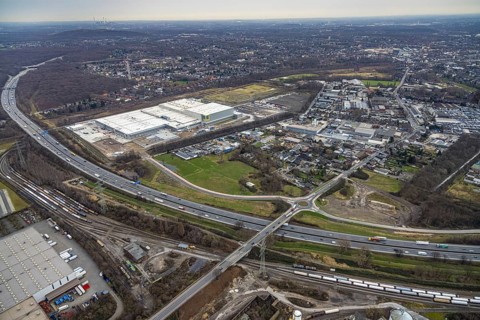 Aerial view, roundabout Weißensteinstraße on the A3, Edeka central warehouse Oberhausen, Schwarze