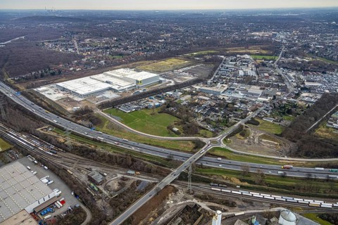 Aerial view, roundabout Weißensteinstraße on the A3, Edeka central warehouse Oberhausen, Schwarze