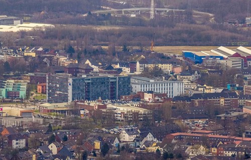 Aerial view, shopping centre Sterkrader Tor, technical town hall, Sterkrade Mitte, Oberhausen, Ruhr