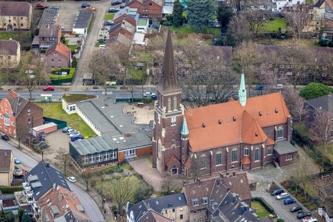 Aerial view, St. Antonius Church, catholic kindergarten St. Antonius, Schillerschule,