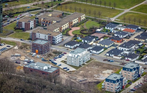 Aerial view, construction site new building, commercial area Zum Steigerhaus, senior citizens'