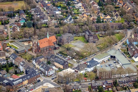 Aerial view, St. Antonius Church, catholic kindergarten St. Antonius, Schillerschule,