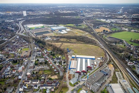 Aerial view, Gutehoffnungshütte Radsatz, biomass cogeneration plant of Energieversorgung Oberhausen