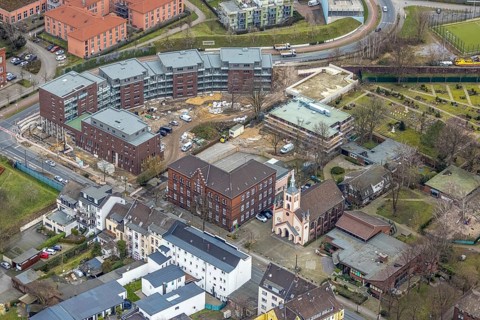 Aerial view, construction site, new residential buildings on Eugen-Zur-Nieden-Ring,