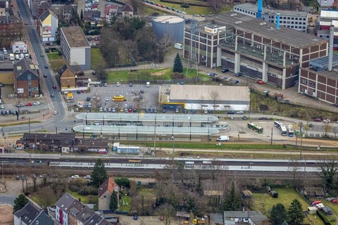 Aerial view, railway station and bus station, biomass cogeneration plant of Energieversorgung