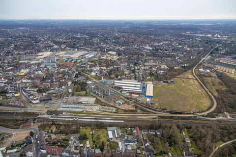 Aerial view, railway station and bus station, biomass cogeneration plant of Energieversorgung