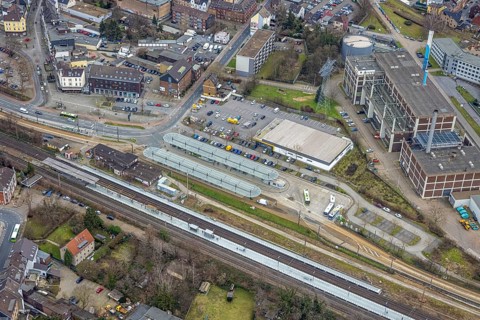 Aerial view, railway station and bus station, biomass cogeneration plant of Energieversorgung