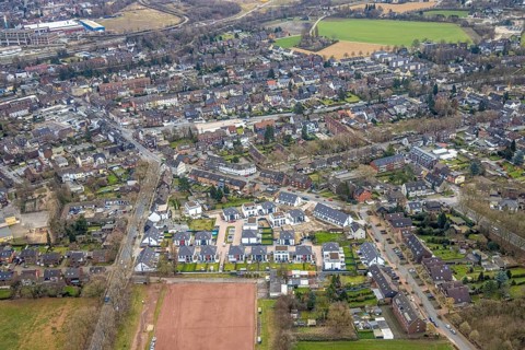 Aerial view, housing estate Schwarze-Heide-Weg, Biefangstraße, Buschhausen, Oberhausen, Ruhr area,