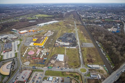 Aerial view, CentrO site, construction site Brammenring, Hornbach Baumarkt, Poco Einrichtungsmarkt,