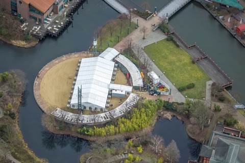 Aerial view, CentrO Beach with tent, Borbeck, Oberhausen, Ruhr area, North Rhine-Westphalia,