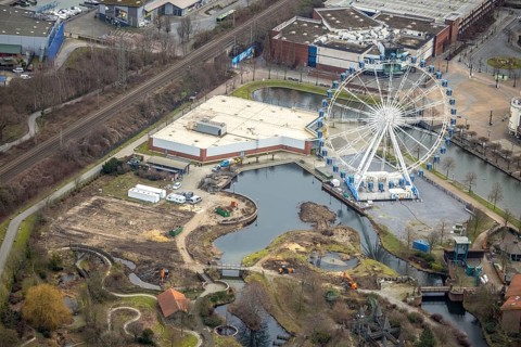 Aerial view, CentrO Oberhausen, CentrO Ferris wheel at the canal, LEGOLAND® Discovery Centre,
