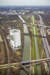 Aerial view, gasometer renovation measures, covered gasometer at CentrO, poster The Emscher is