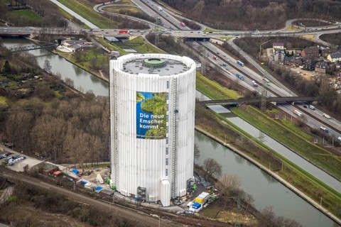Aerial view, gasometer renovation measures, covered gasometer at CentrO, Rhine-Herne Canal. River