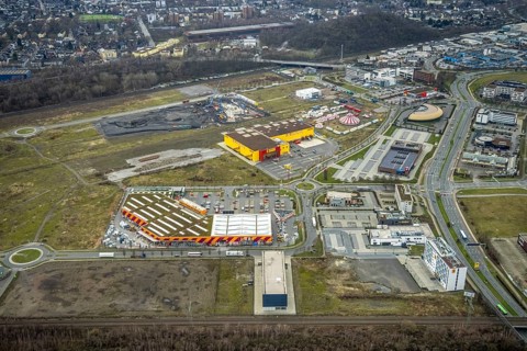 Aerial view, CentrO site, construction site Brammenring, Hornbach Baumarkt, Poco Einrichtungsmarkt,