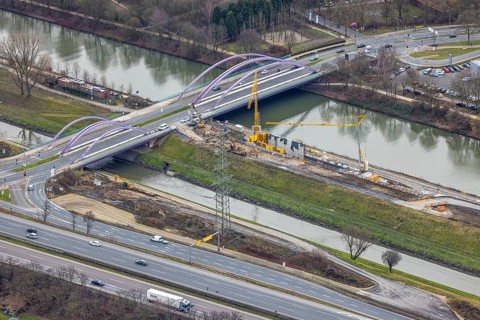Aerial view, construction site between Rhine-Herne Canal and Emscher, Emscher conversion, bridge