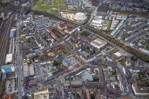 Aerial view, city centre view, market place Osterfeld, garden dome, AMEOS PflegeZentrum
