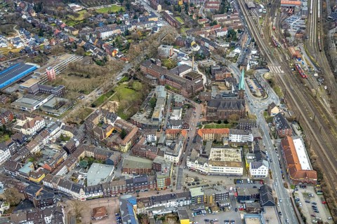 Aerial view, City centre view, St. Pankratius church, Comprehensive school Osterfeld, Catholic