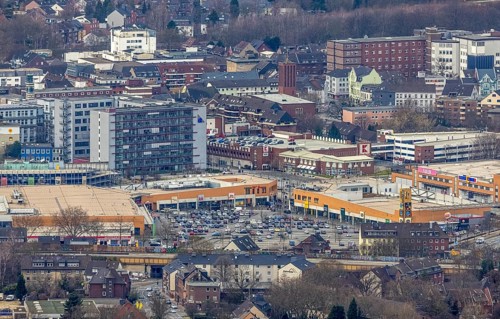 Aerial view, shopping centre Sterkrader Tor, technical town hall, Sterkrade Mitte, Oberhausen, Ruhr