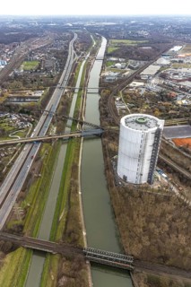 Aerial view, gasometer renovation measures, covered gasometer at CentrO, Rhine-Herne Canal. River