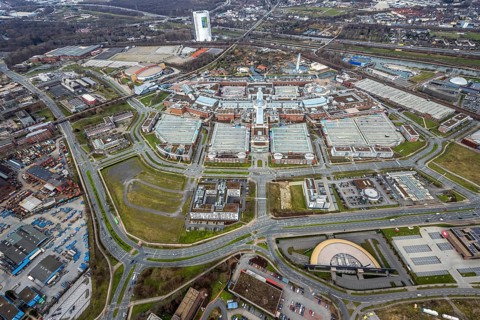 Aerial view, CentrO Oberhausen shopping centre, renovation work on the covered gasometer, Borbeck,