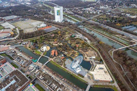 Aerial view, CentrO Oberhausen shopping centre, renovation work on the covered gasometer, Borbeck,
