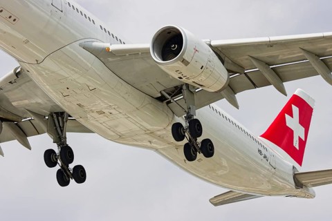 Passenger plane with deployed landing gear, Montreal, Province of Quebec, Canada