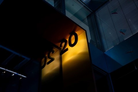 Illuminated Street Sign Number Twenty on Modern Building in Zurich, Zurich canton, Switzerland