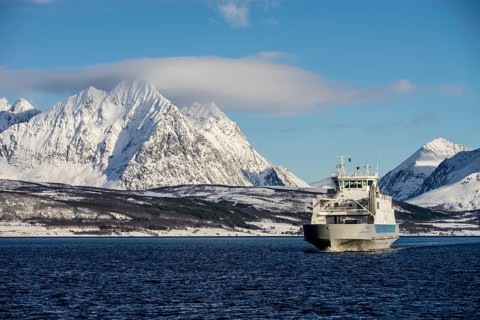 Snow ship bay mountains boat norway tromsø sea