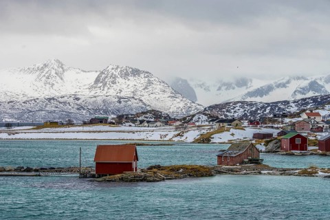 Norway tromsö snow mountains sea turquoise, village