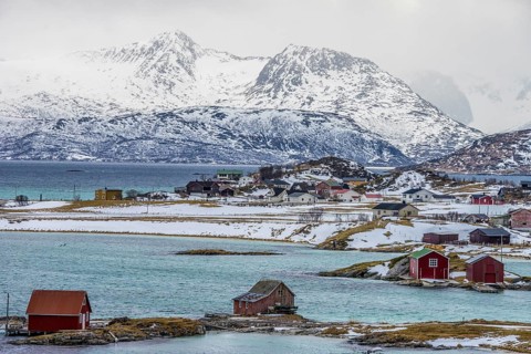 Norway tromsö snow mountains sea turquoise, village