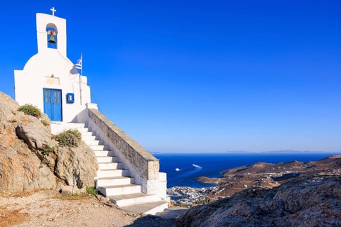 View of Agios Konstantinos church and Livadi bay in the distance, Chora, Serifos Island, Cyclades,