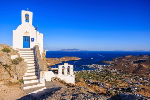 View of Agios Konstantinos church and Livadi bay in the distance, Chora, Serifos Island, Cyclades,