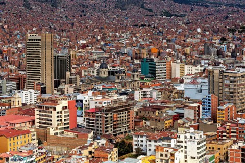 View over the densely populated city of La Paz with many different buildings, The houses and