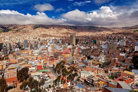 City view of La Paz with densely built structures and cloudy sky, The houses and skyscrapers of the